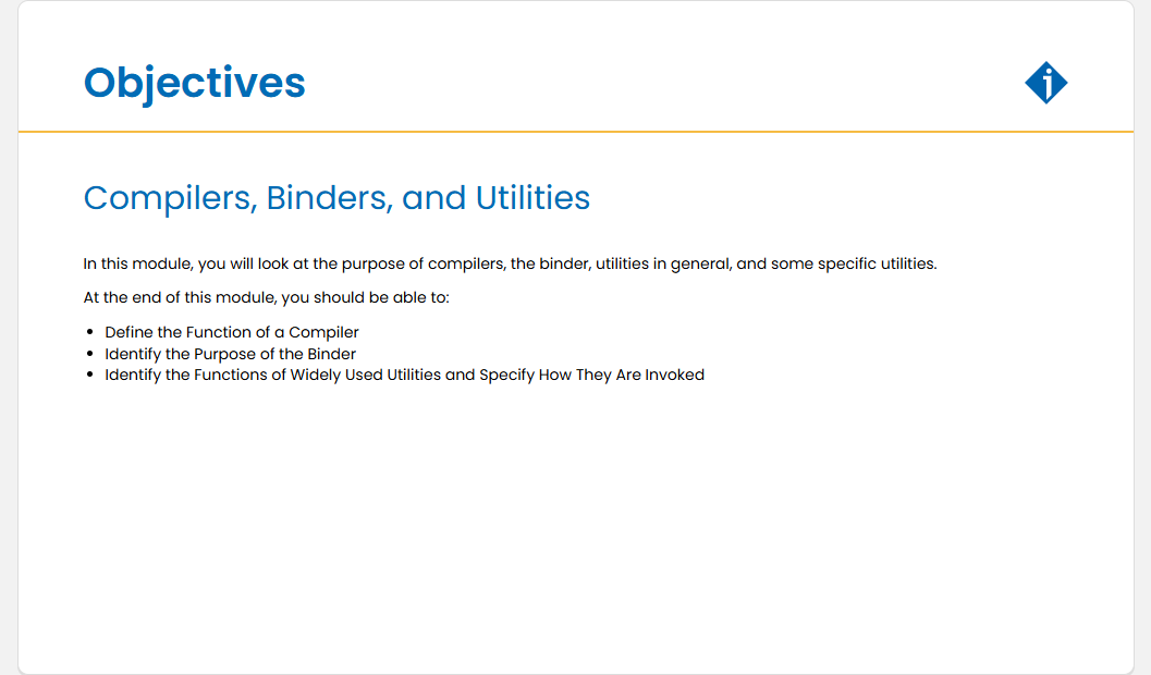 Compilers, Binders, and Utilities Compilers, Binders, and Utilities - Objectives screenshot