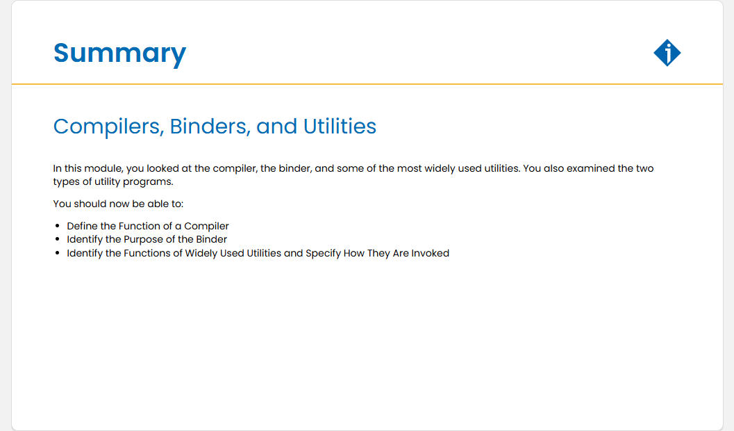 Compilers, Binders, and Utilities Quiz: Compilers, Binders, and Utilities - Summary screenshot